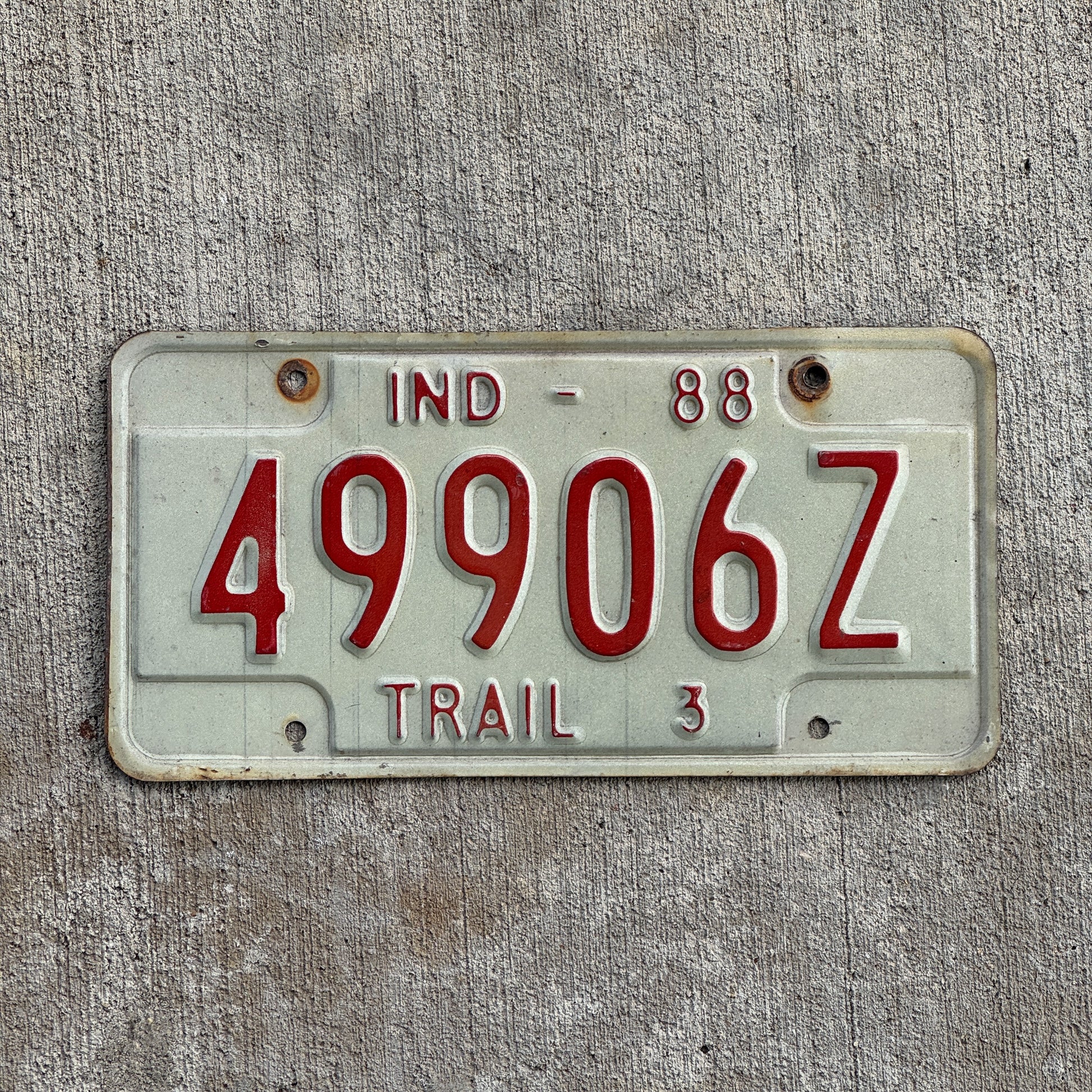 Photo of a 1988 Indiana Trailer License Plate Auto Tag Garage Decor Vintage 49906 Z with original patina