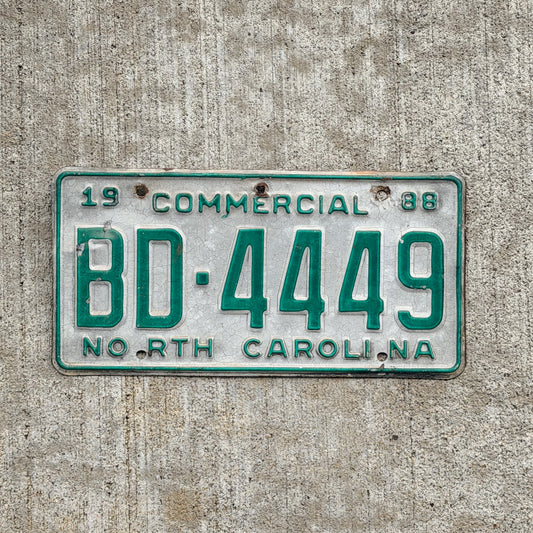 Photo of a 1988 North Carolina Commercial License Plate Auto Tag Garage Decor Vintage Repeat Repeating BD 4449 with original patina
