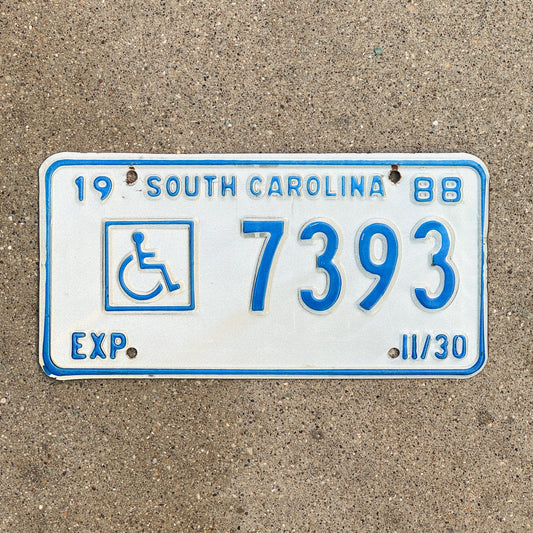 Photo of a 1988 South Carolina Handicap License Plate Auto Tag Garage Decor Vintage 7393 with original patina