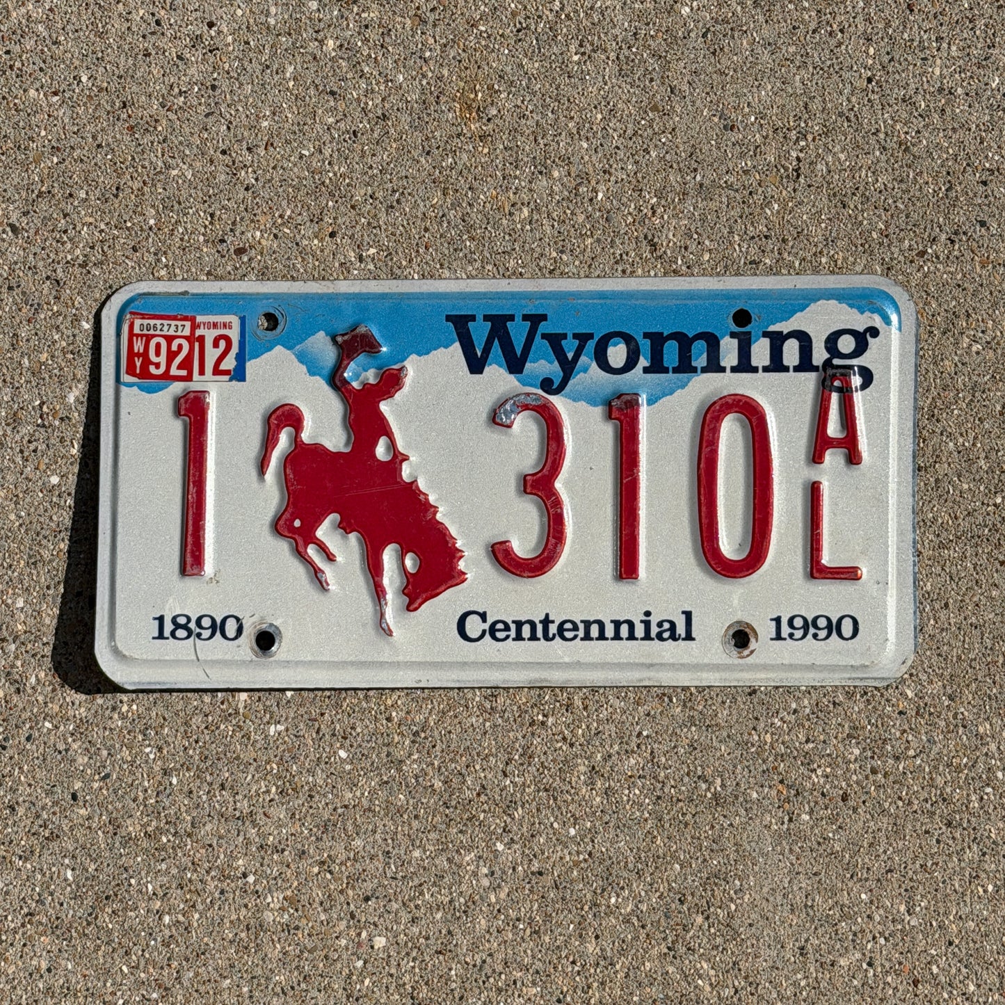 Photo of a 1988 Wyoming License Plate Auto Tag Garage Decor Vintage Cowboy Rodeo 1 310 AL with original patina