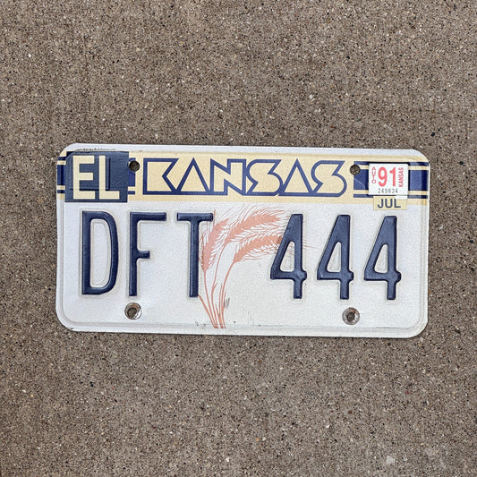 Photo of a 1989 1991 Kansas License Plate Auto Tag Garage Decor Vintage Repeat Repeating DFT 444