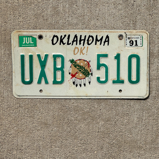 Photo of a 1989 1991 Oklahoma License Plate Auto Tag Garage Decor Vintage Tribal UXB 510