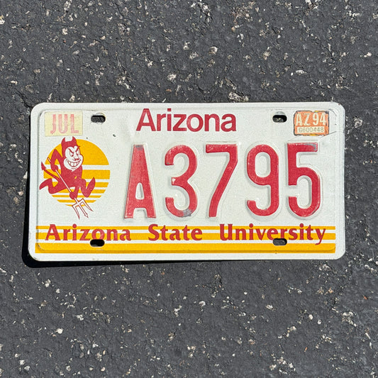 Photo of a 1989 1994 Arizona Graphic / Specialty License Plate Auto Tag Garage Decor Vintage Arizona State ASU College Sports Devils A 3795 with original patina