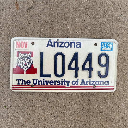 Photo of a 1989 1996 Arizona Graphic / Specialty License Plate Auto Tag Garage Decor Vintage University of Arizona College L 0449