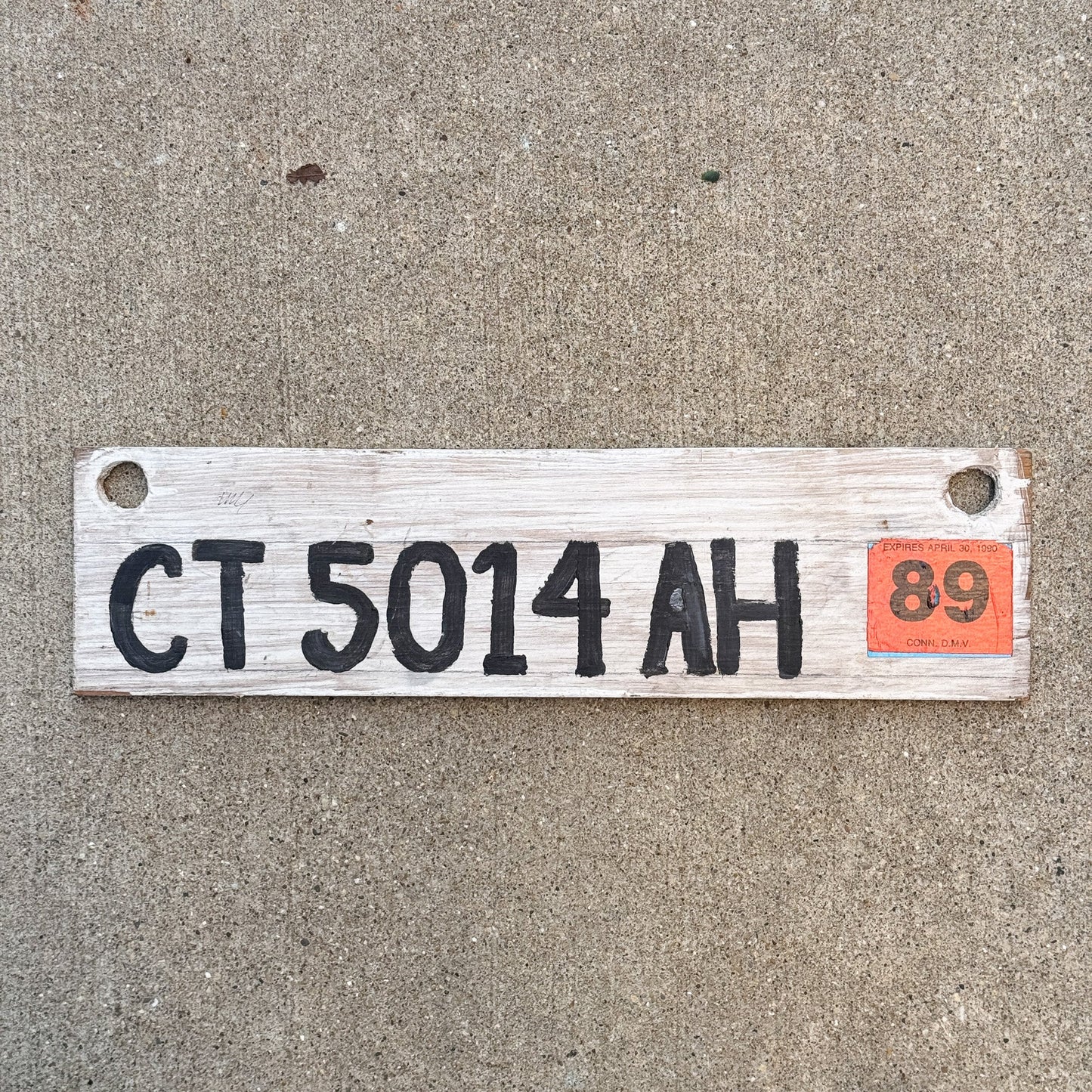 Photo of a 1989 Connecticut Boat License Plate Auto Tag Garage Decor Vintage Homemade Painted Wood CT 5014 AH with original patina