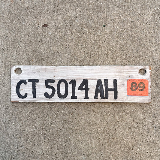 Photo of a 1989 Connecticut Boat License Plate Auto Tag Garage Decor Vintage Homemade Painted Wood CT 5014 AH with original patina