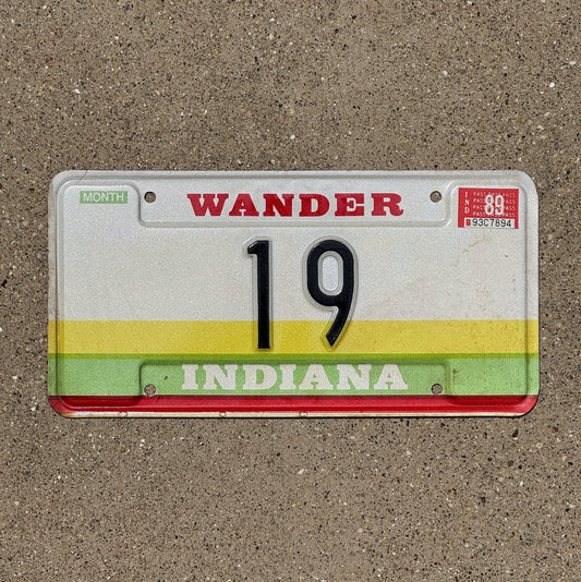 Photo of a 1989 Indiana Sample License Plate Auto Tag Garage Decor Vintage Low Number Two Digit 19 with original patina