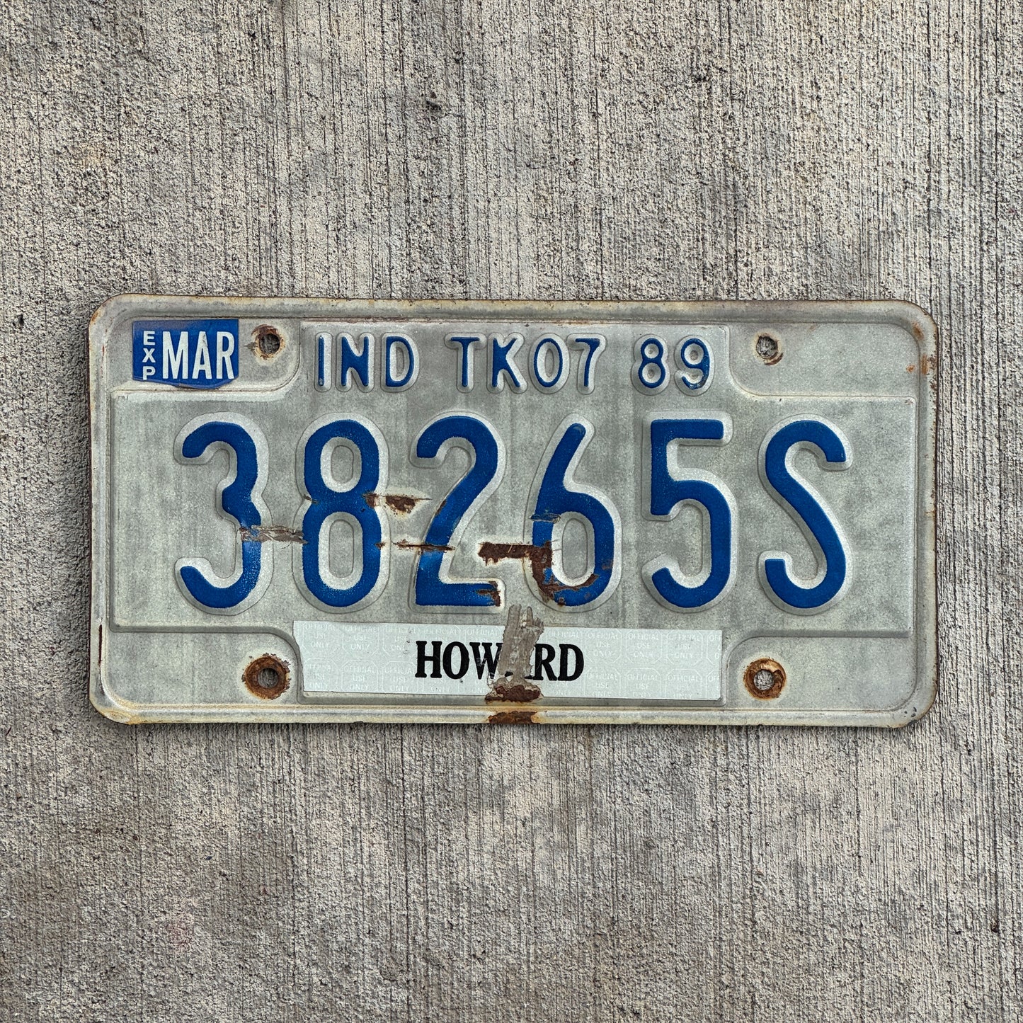 Photo of a 1989 Indiana Truck License Plate Auto Tag Garage Decor Vintage 38265 S with original patina