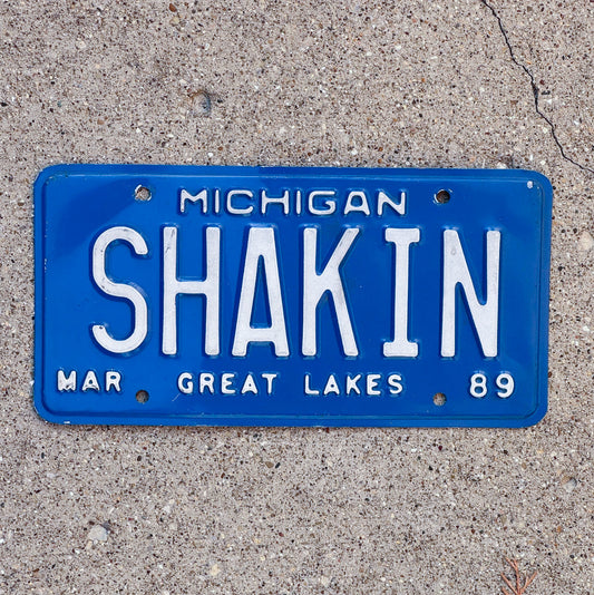 Photo of a 1989 Michigan Vanity License Plate Auto Tag Garage Decor Vintage Moving Dancing SHAKIN with original patina