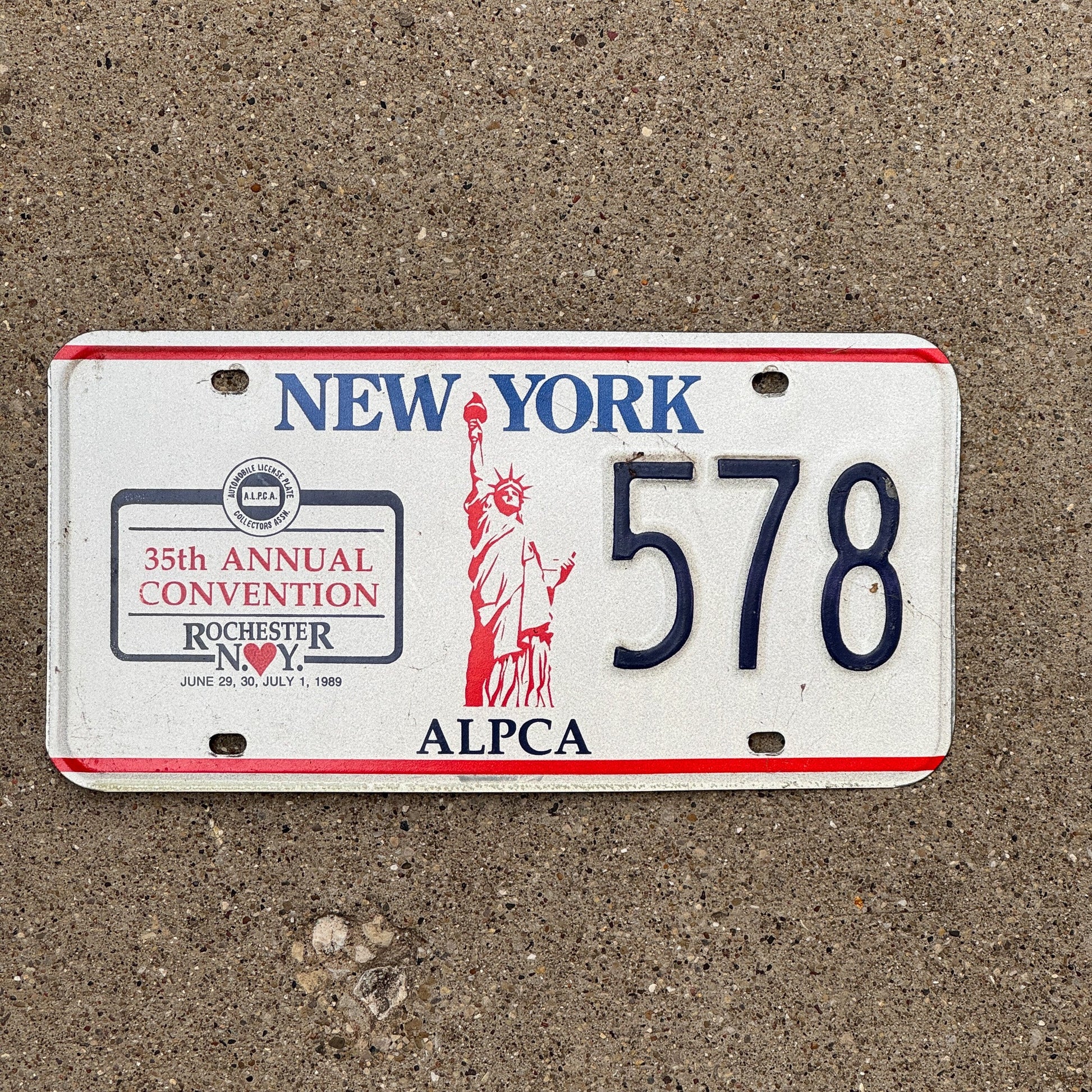 Photo of a 1989 New York License Plate Auto Tag Garage Decor Vintage Rochester ALPCA Convention 578