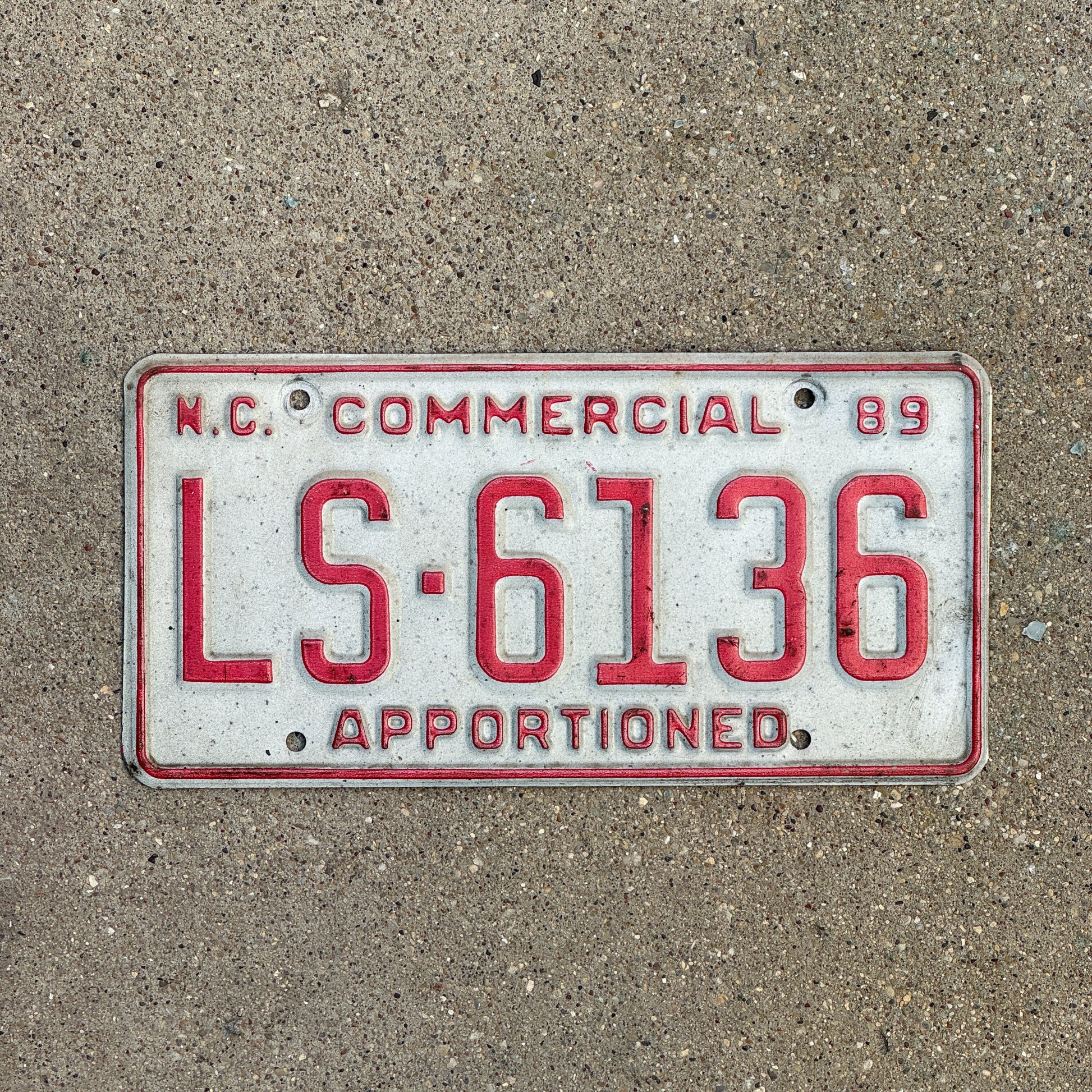 Photo of a 1989 North Carolina Apportioned License Plate Auto Tag Garage Decor Vintage LS 6136 with original patina