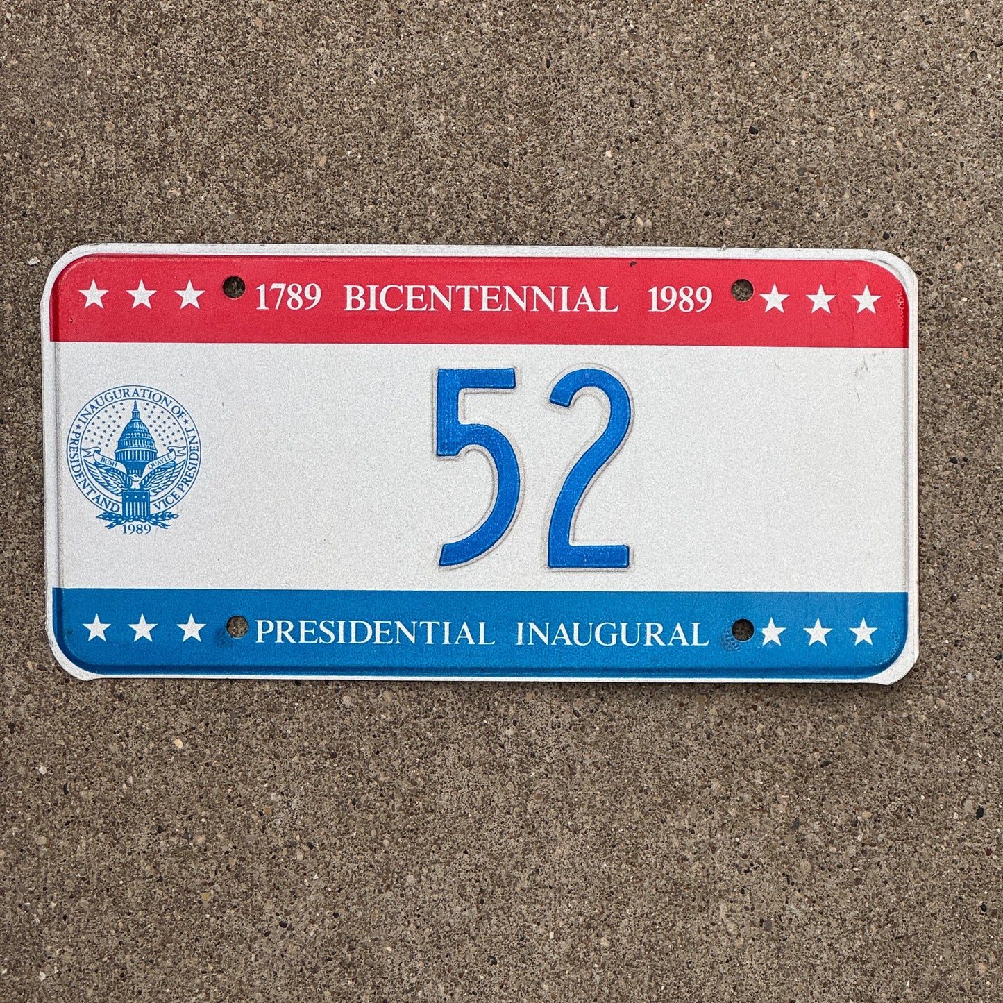 Photo of a 1989 Washington DC Inagural License Plate Auto Tag Garage Decor Vintage Low Number Two Digit GHW Bush 52 with original patina