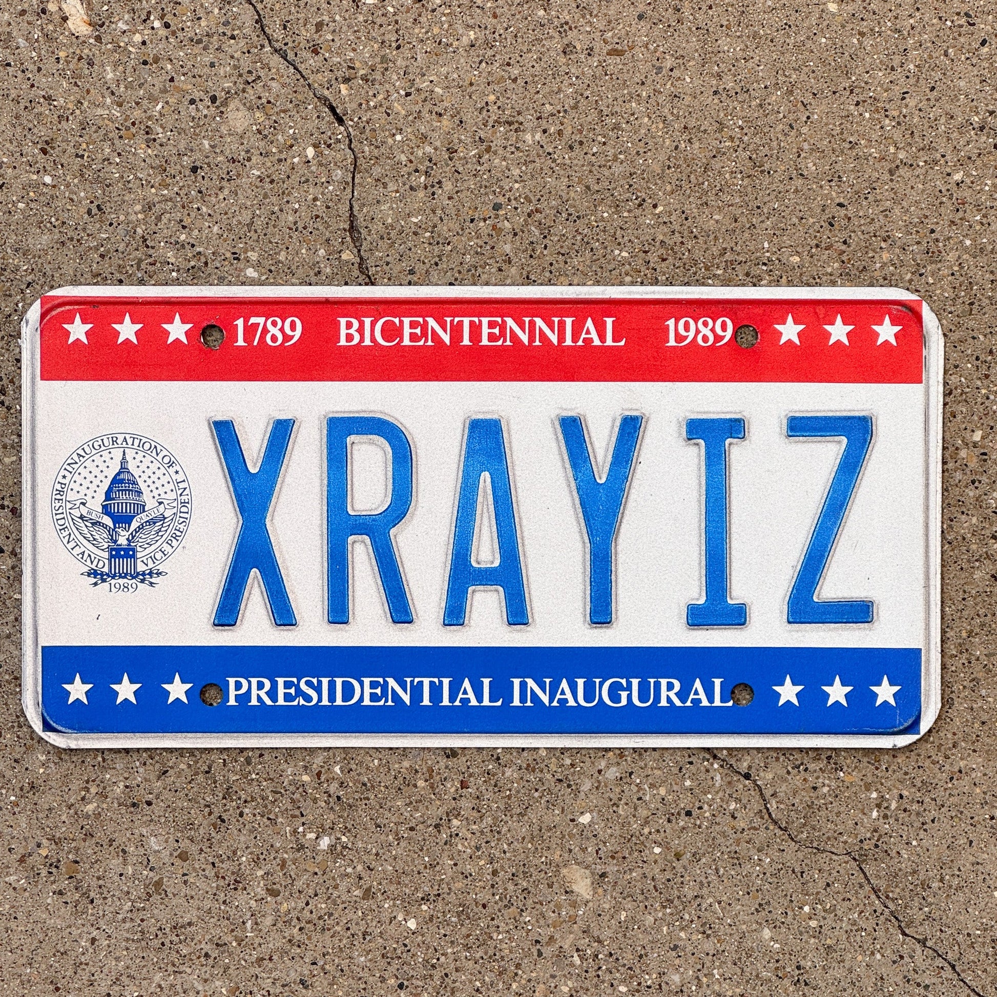 Photo of a 1989 Washington DC Inaugural License Plate Auto Tag 1 Garage Decor XRay Medical Radiologist Gift XRAYIZ with original patina