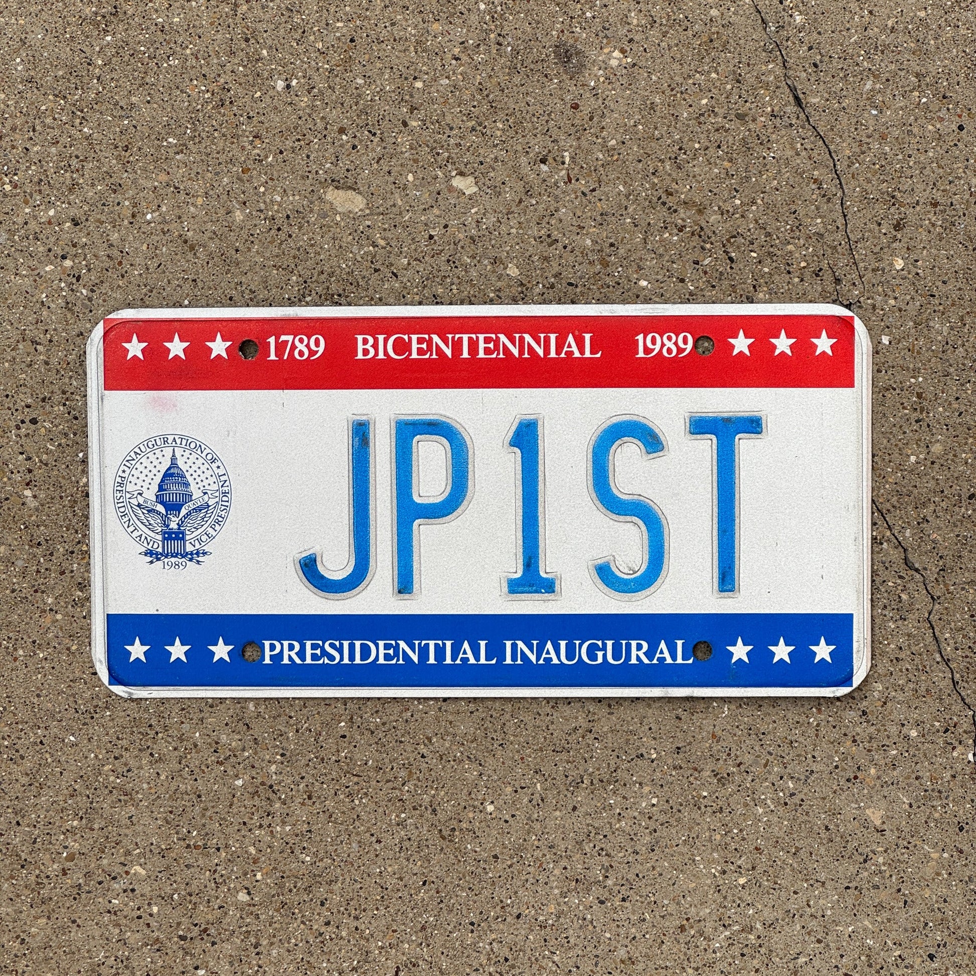 Photo of a 1989 Washington DC Inaugural License Plate Auto Tag Garage Decor Vintage Bush Inauguration JP 1ST
