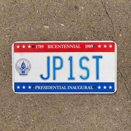 Photo of a 1989 Washington DC Inaugural License Plate Auto Tag Garage Decor Vintage Bush Inauguration JP 1ST