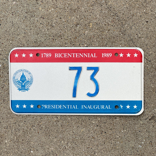 Photo of a 1989 Washington DC Inaugural License Plate Auto Tag Garage Decor Vintage HW Bush Politics Political Low Number Two Digit 73 with original patina