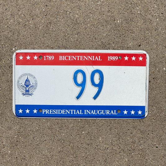 Photo of a 1989 Washington DC Inaugural License Plate Auto Tag Garage Decor Vintage Low Number Two Digit GHW Bush 99