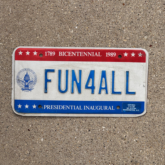 Photo of a 1989 Washington DC Inaugural Vanity License Plate Auto Tag Garage Decor Vintage HW Bush Inauguration Politics Political Low FUN 4 ALL with original patina