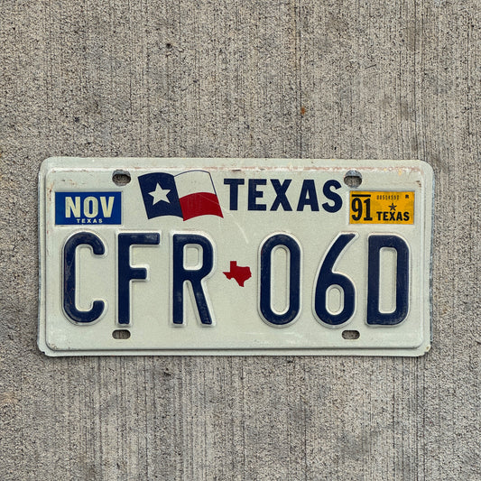 Photo of a 1990 1991 Texas License Plate Auto Tag Garage Decor Vintage CFR 06D with original patina