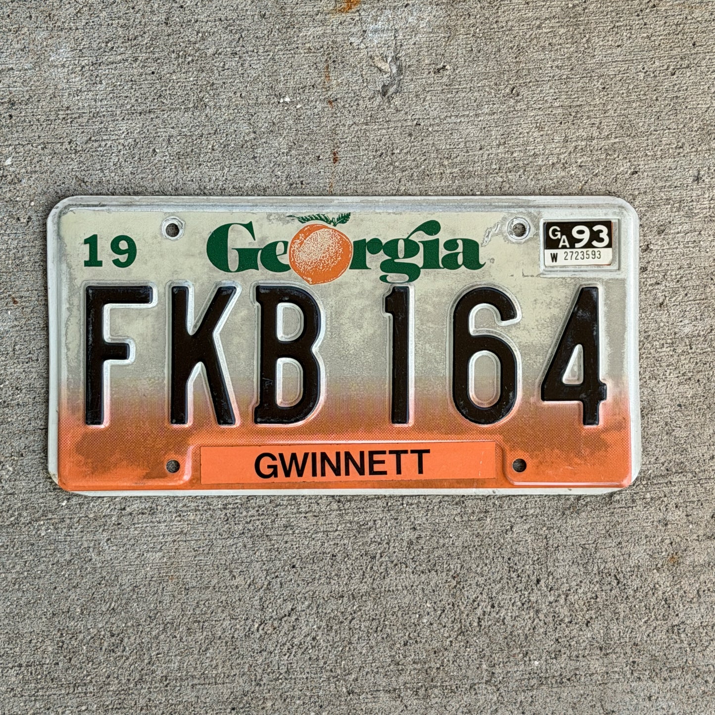 Photo of a 1990 1993 Georgia License Plate Auto Tag Garage Decor Vintage FKB 164 with original patina