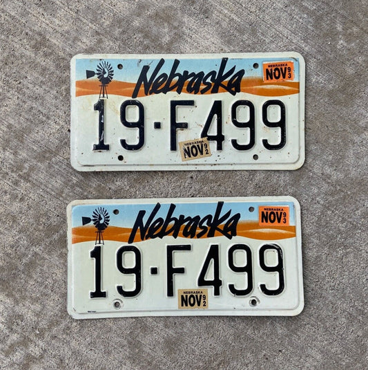 Photo of a 1990 1993 Nebraska License Plate Pair Auto Tag Garage Decor Vintage 19 F 499 with original patina