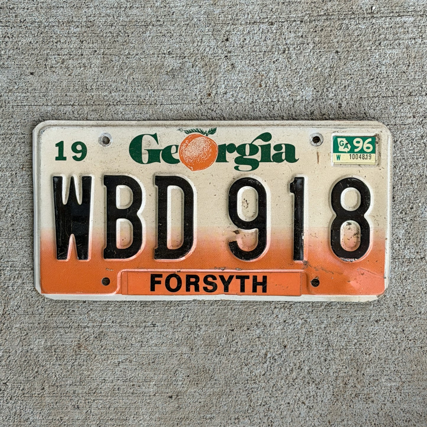 Photo of a 1990 1996 Georgia License Plate Auto Tag Garage Decor Vintage WBD 918 with original patina