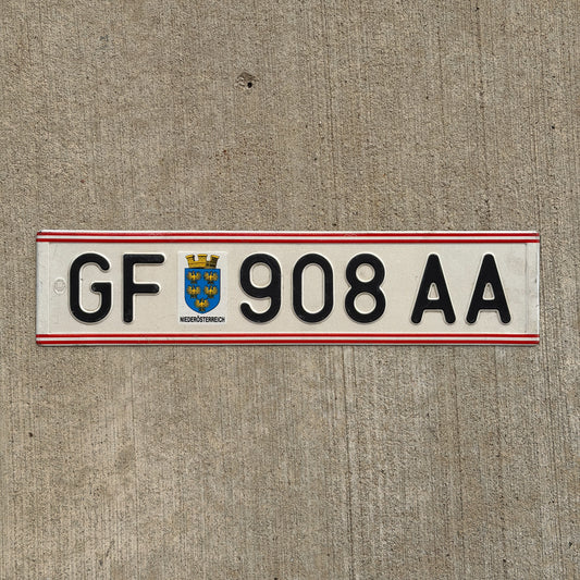 Photo of a 1990 Austria License Plate Auto Tag Garage Decor Vintage Niederosterreich GF 908 AA with original patina