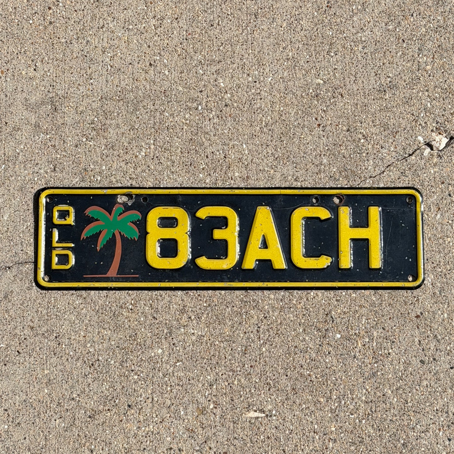 Photo of a 1990 Era Australia Graphic / Specialty License Plate Auto Tag Garage Decor Vintage Queensland BEACH Palm Tree Tropical 83ACH with original patina
