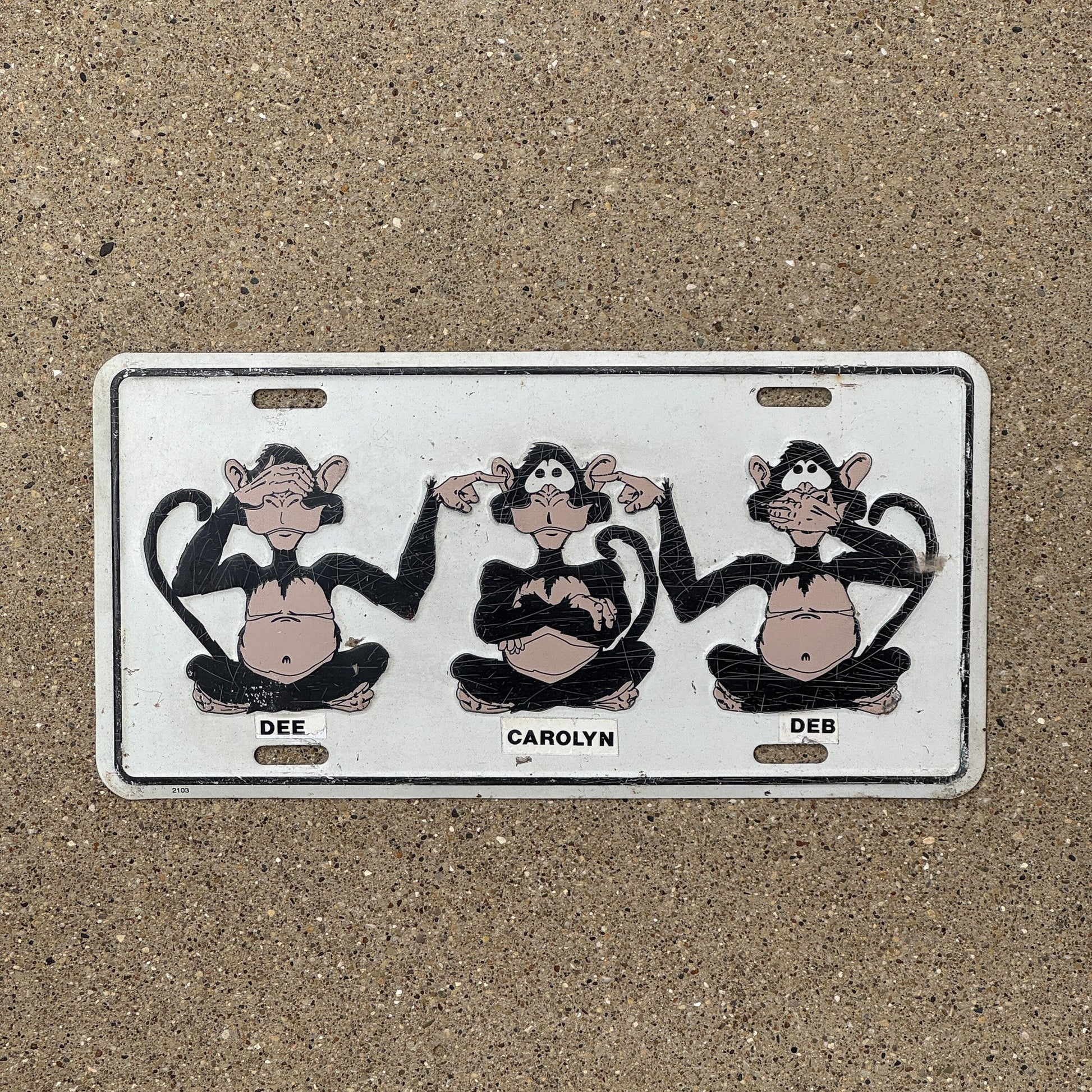 Photo of a 1990 Era Auto Tag Garage Decor Vintage See No Evil, Hear No Evil, Speak No Evil Three Wise Monkeys