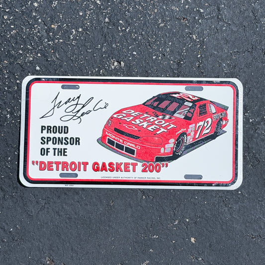 Photo of a 1990 Era Detroit Gasket 200 Michigan Booster License Plate Auto Tag Garage Decor Vintage
 Nascar Monte Carlo Motorsport Racing Metal with original patina