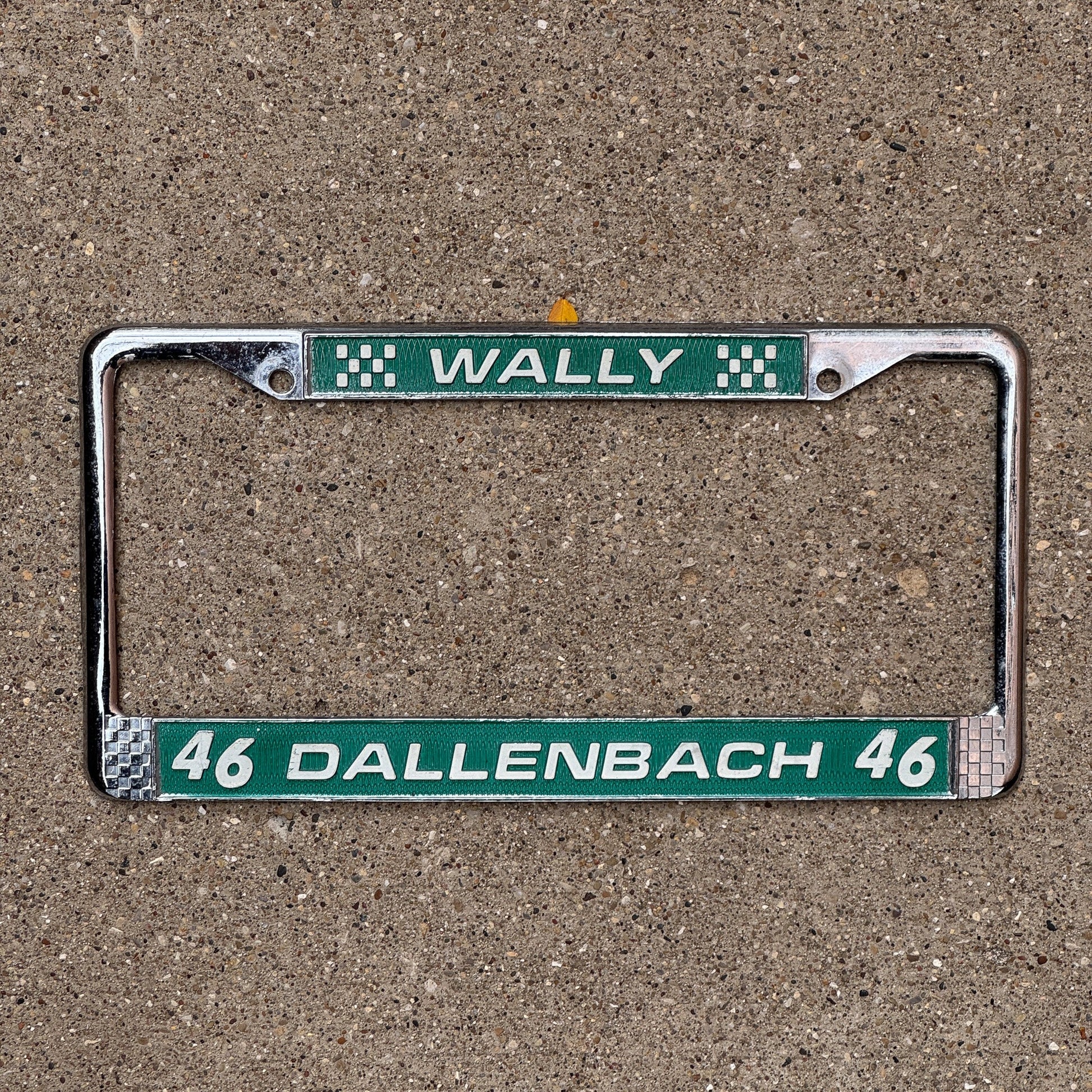 Photo of a 1990 Era License Plate Frame Auto Tag Garage Decor Vintage Nascar Racing Wally Dallenbach 46 with original patina