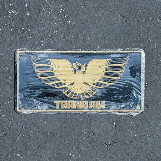 Photo of a 1990 Era Trans AM Booster License Plate Auto Tag 2 Vintage Garage
 Firebird Classic Car NOS Metal with original patina