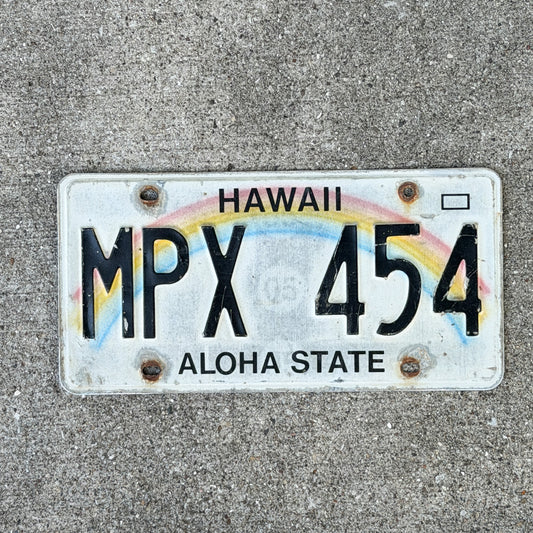 Photo of a 1990 Hawaii License Plate Auto Tag Garage Decor Vintage Rainbow MPX 454 with original patina