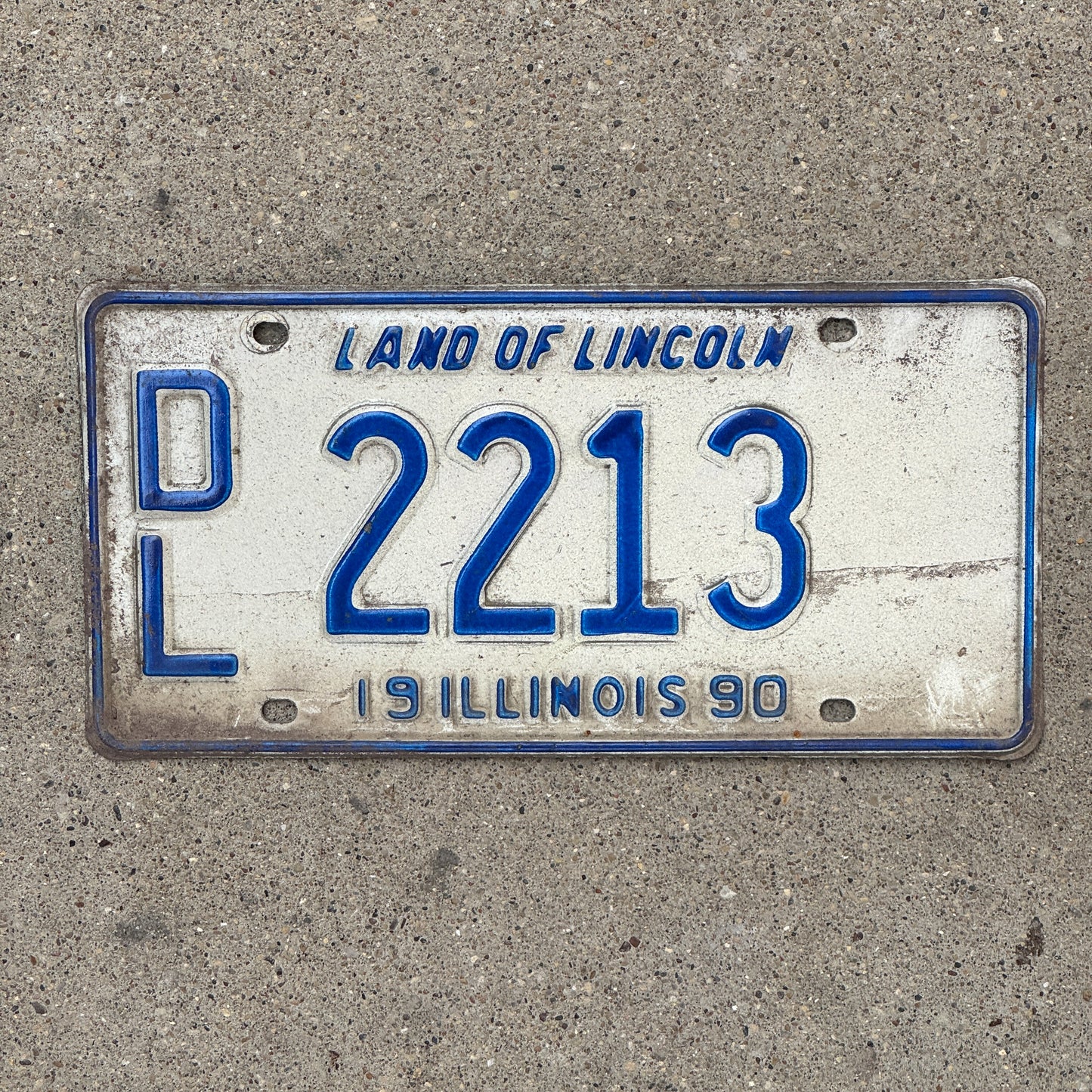 Photo of a 1990 Illinois Dealer License Plate Auto Tag 1 Vintage Garage 2213 with original patina