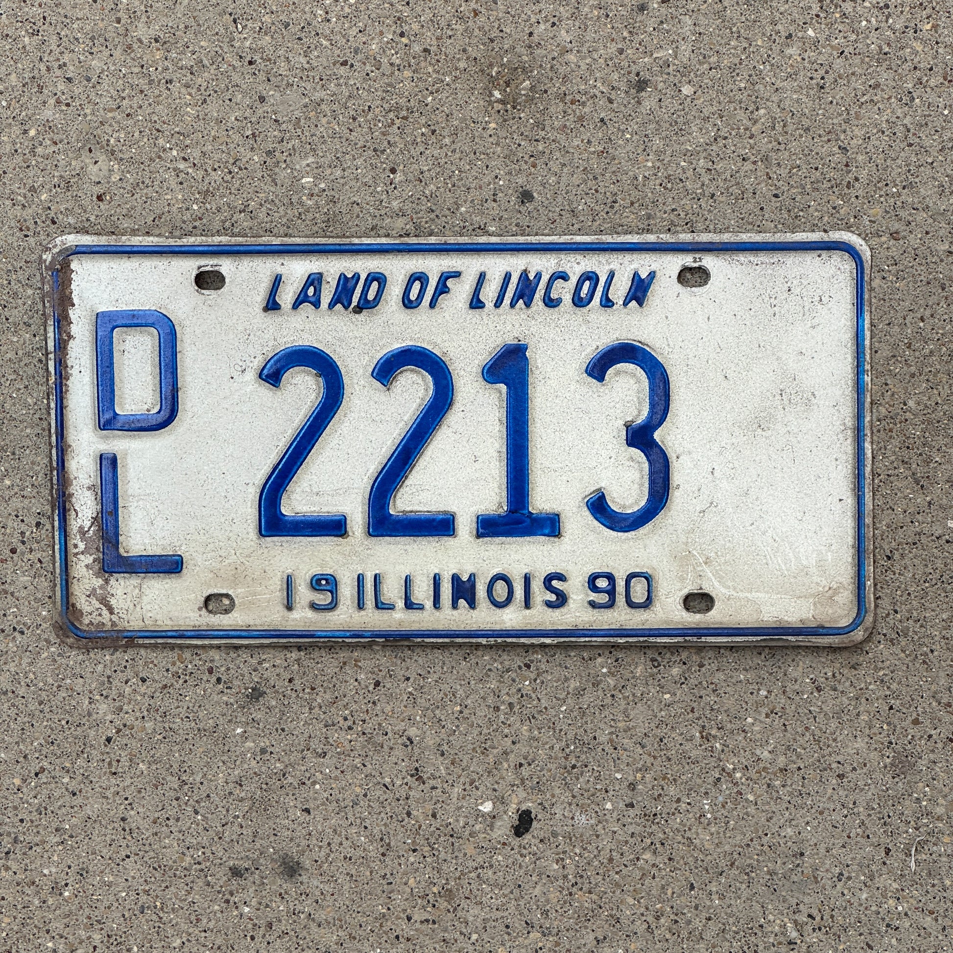 Photo of a 1990 Illinois Dealer License Plate Auto Tag 2 Vintage Garage 2213 with original patina