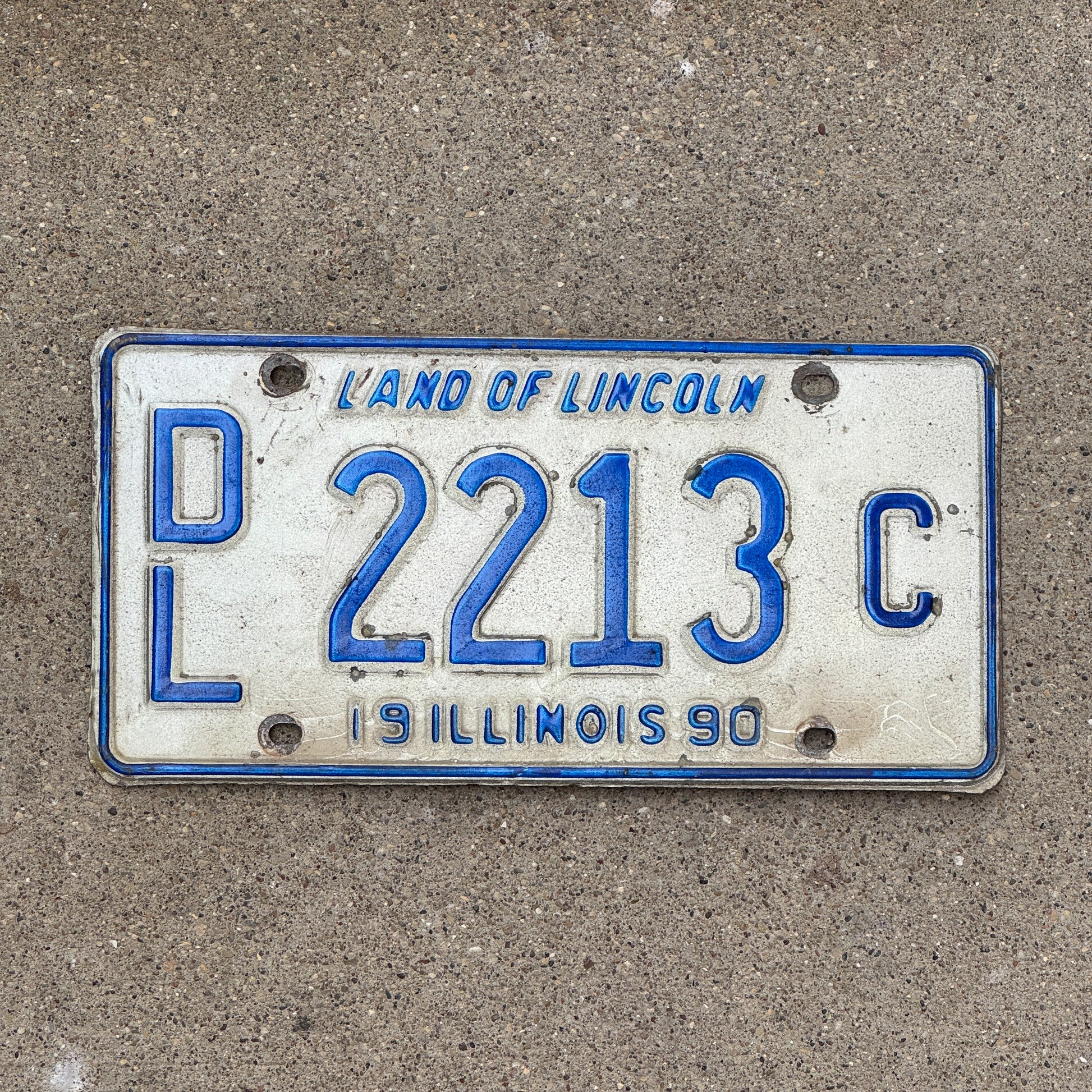 Photo of a 1990 Illinois Dealer License Plate Auto Tag 2 Vintage Garage 2213 C with original patina