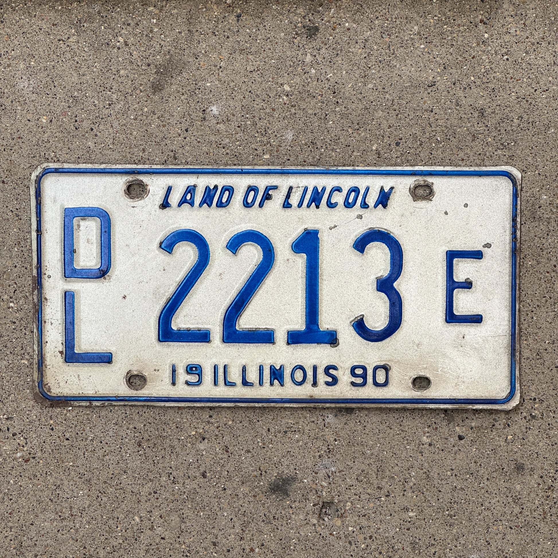 Photo of a 1990 Illinois Dealer License Plate Auto Tag 2 Vintage Garage 2213 E with original patina