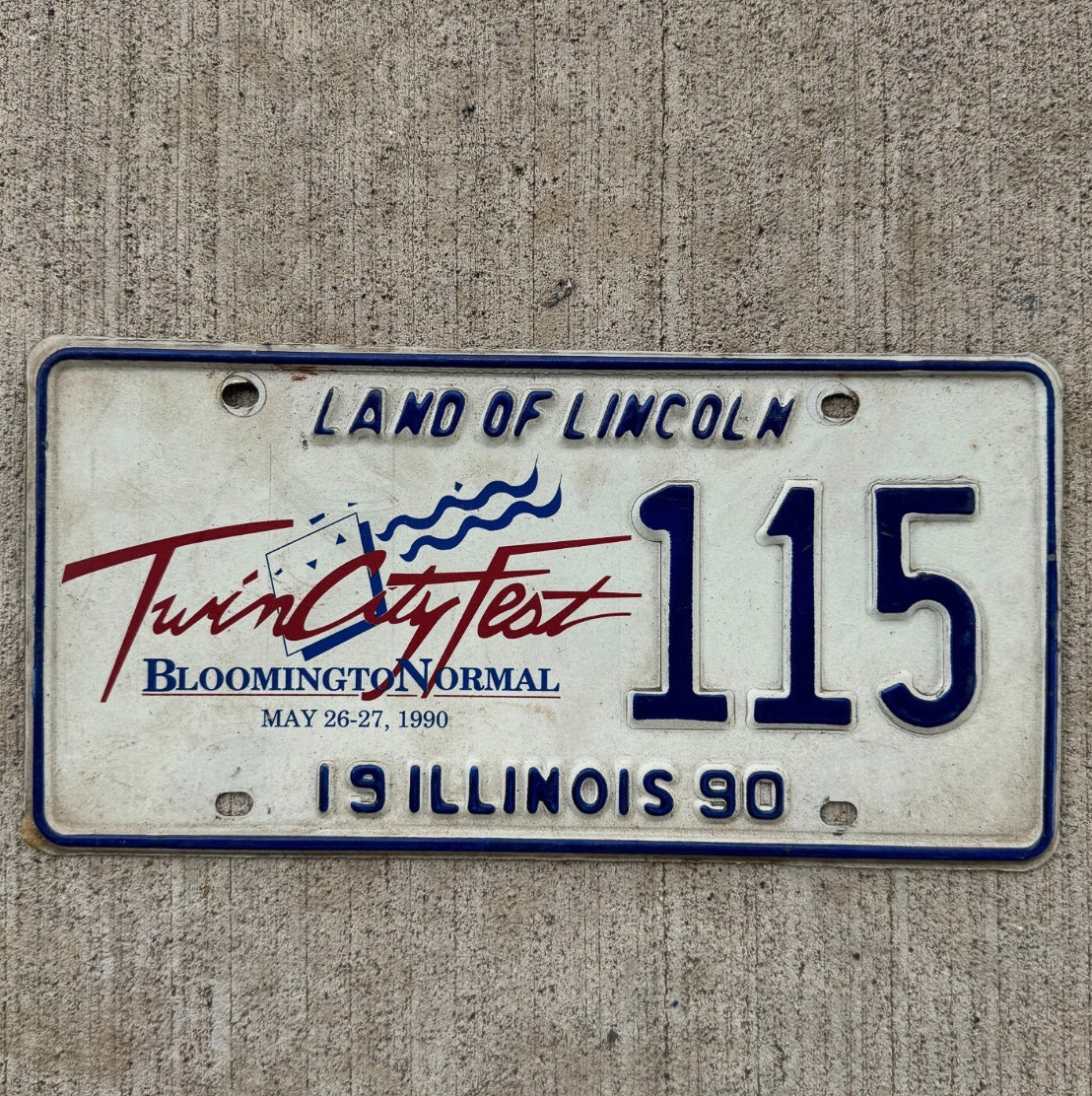 Photo of a 1990 Illinois Event License Plate Tag 1 Twin City Fest Bloomington Normal 115