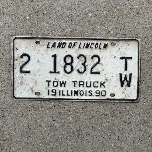 Photo of a 1990 Illinois Tow Truck License Plate Auto Tag 1 Vintage Garage 2 1832 TW with original patina