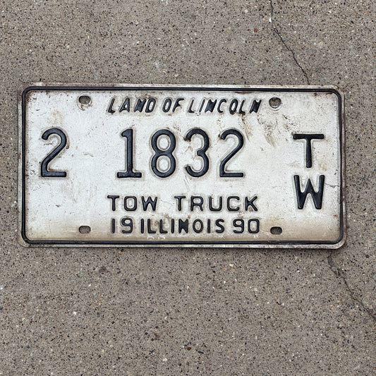 Photo of a 1990 Illinois Tow Truck License Plate Auto Tag Garage Decor Vintage 2 1832 TW with original patina