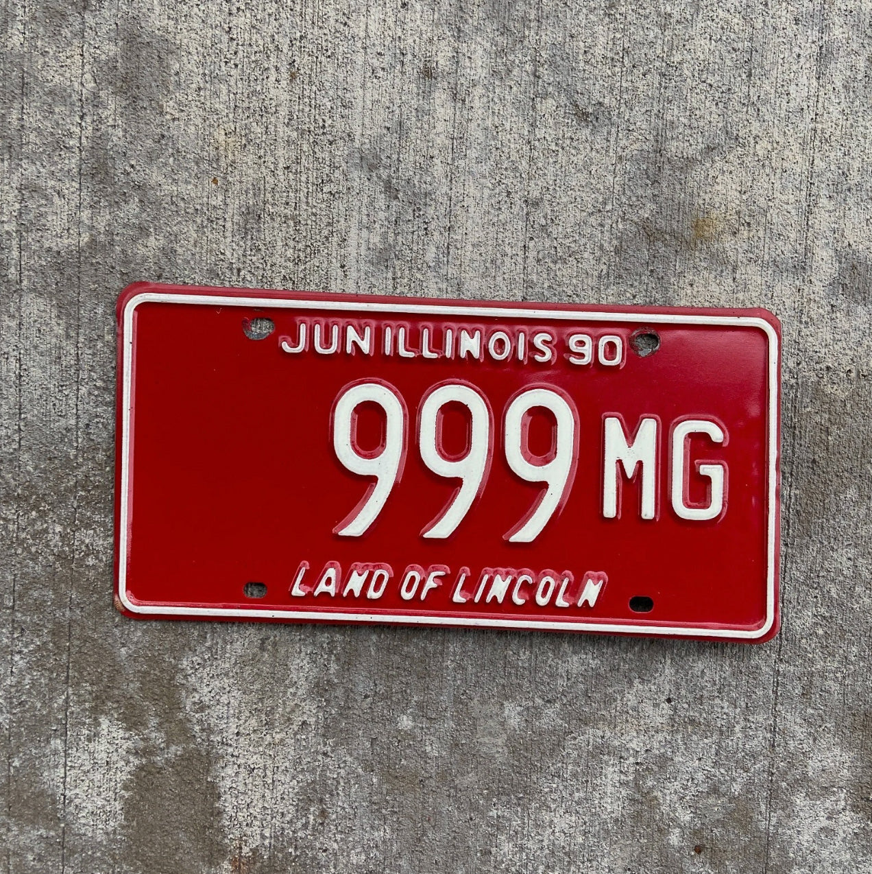 Photo of a 1990 Illinois Truck Mileage Tax License Plate Auto Tag Garage Decor Vintage Repeat Repeating Great Number 999 MG with original patina