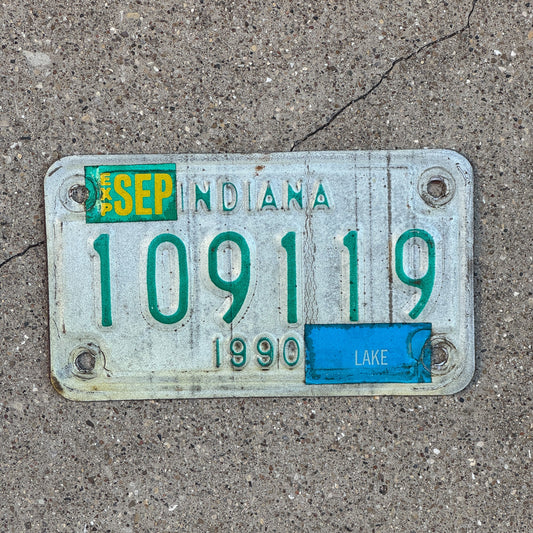 Photo of a 1990 Indiana Motorcycle License Plate Auto Tag Garage Decor Vintage 109119 with original patina