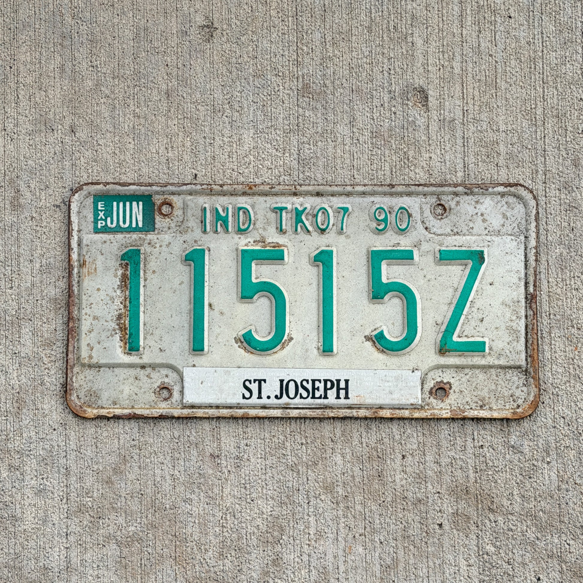 Photo of a 1990 Indiana Truck License Plate Auto Tag Garage Decor Vintage 11515 Z with original patina