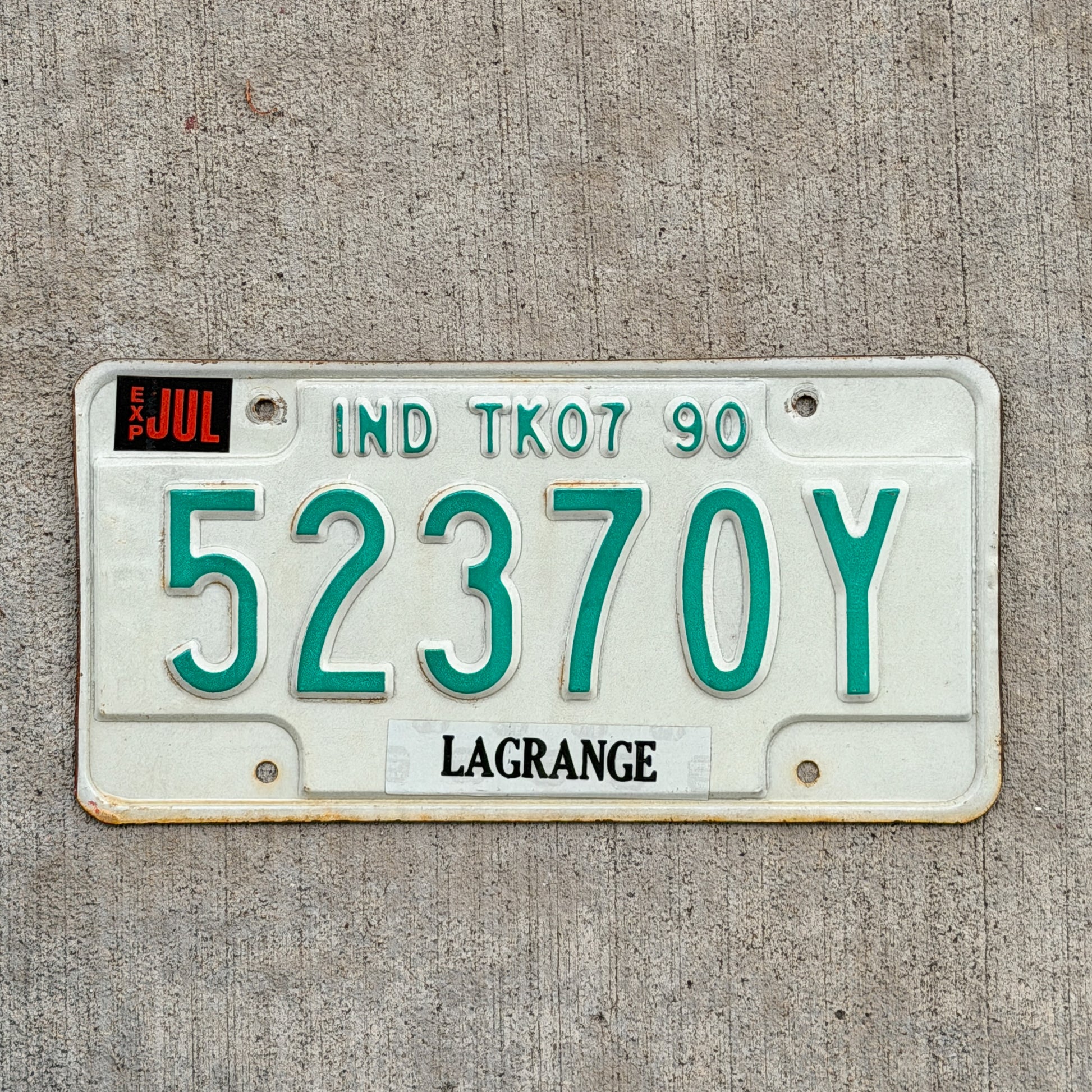 Photo of a 1990 Indiana Truck License Plate Auto Tag Garage Decor Vintage 52370 Y with original patina