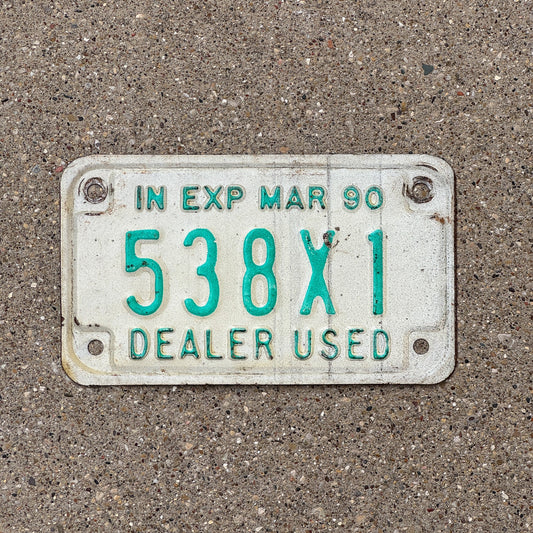 Photo of a 1990 Indiana Used Motorcycle Dealer License Plate Auto Tag Garage Decor Vintage 538 X 1 with original patina