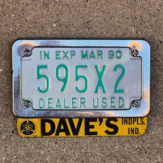 Photo of a 1990 Indiana Used Motorcycle Dealer License Plate Auto Tag Garage Decor Vintage with Dave's Yamaha Topper 595 X 2 with original patina