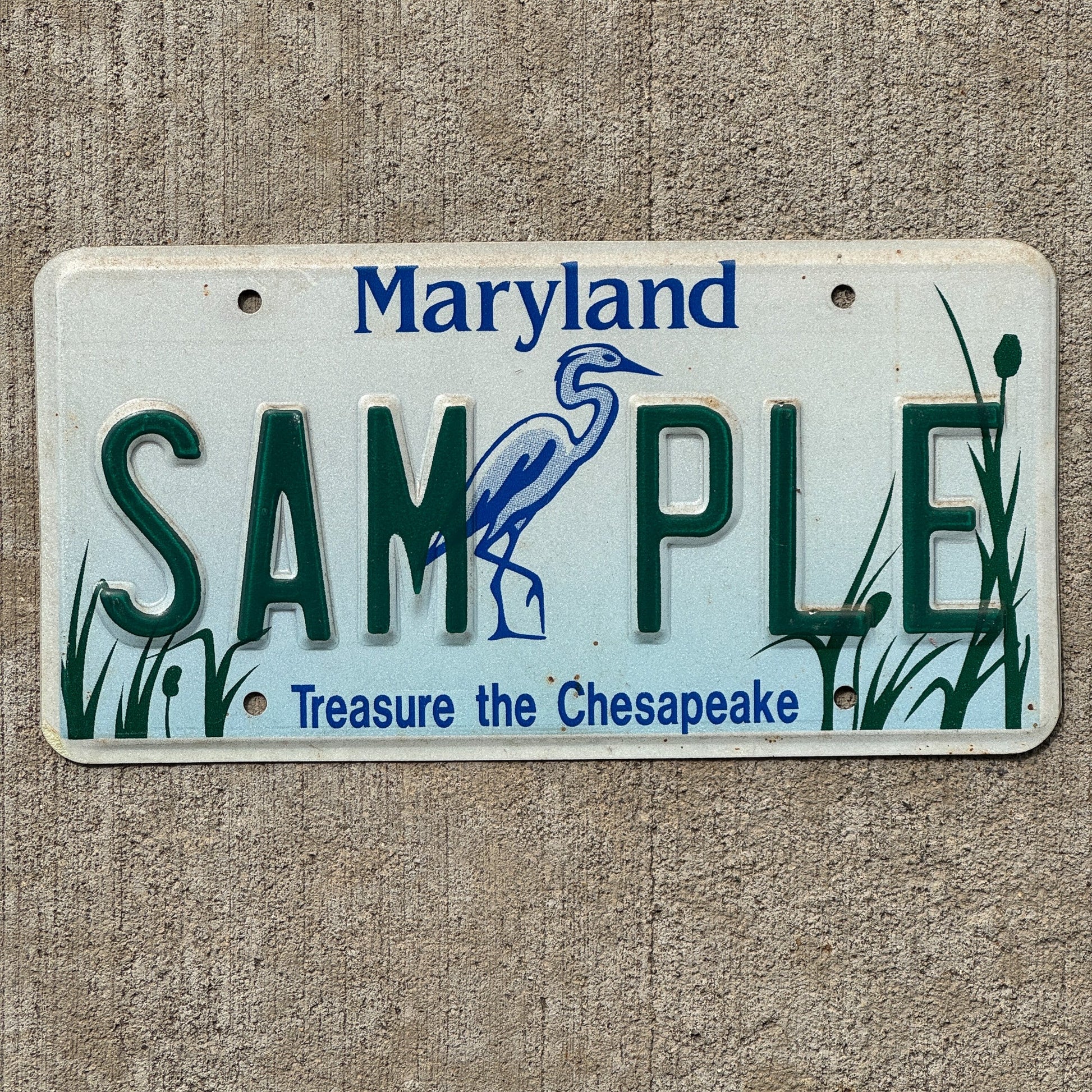 Photo of a 1990 Maryland Graphic Sample License Plate Auto Tag Garage Decor Vintage Chesapeake Heron SAMPLE