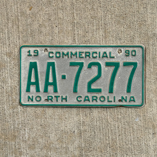 Photo of a 1990 North Carolina Commercial License Plate Auto Tag Garage Decor Vintage AA Block Early Issue AA 7277 with original patina