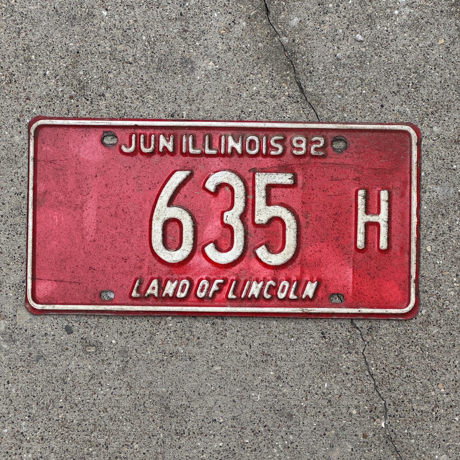 Photo of a 1991 1992 Illinois Truck License Plate Auto Tag 1 Vintage Garage Low Number Three Digit 635 H with original patina