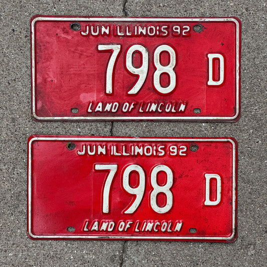 Photo of a 1991 1992 Illinois Truck License Plate Pair Auto Tag Garage Decor Vintage Low Number Three Digit 798 D with original patina
